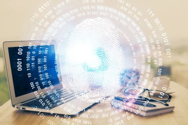 Ofisteki bilgisayarın parmak izi çizimi. Çifte maruziyet. İş veri güvenliği kavramı.