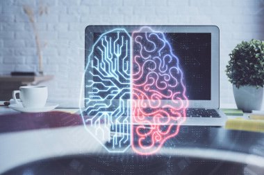 Bilgisayar ve insan beyninin hologram çizdiği çalışma alanının iki katına çıkarılması. Beyin fırtınası konsepti.