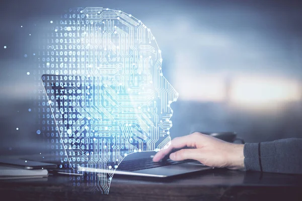 Homem digitando no fundo do teclado com holograma cerebral. Conceito de Big Data. Dupla exposição. — Fotografia de Stock