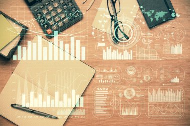 Ön x grafik çizimi ve çalışma masası üst veiw çift pozlama. Mali analiz kavramı.