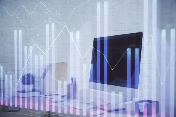 Double exposure of stock market graph drawing and office interior background. Concept of financial analysis. — Stock Photo, Image