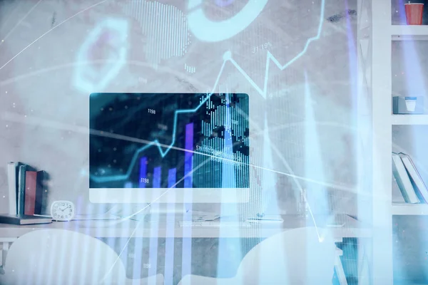 Multi expozice grafu akciového trhu a pozadí interiéru kanceláře. Koncepce finanční analýzy. — Stock fotografie