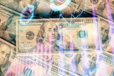 Forx grafiğinin çok sayıda görüntüsü bize dolar banknotları arka planında görünüyor. Finansal başarı piyasası kavramı.