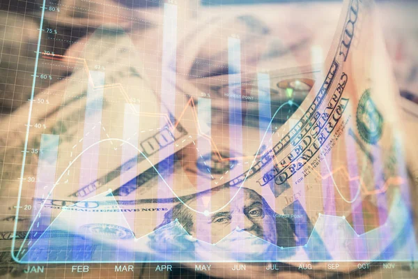 Double exposure of forex graph drawing over us dollars bill background. Concept of financial markets. — Stock Photo, Image