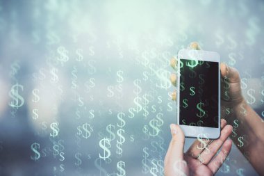 Ön x grafik çizimine çift pozlama hologram ve cep telefonu kullanan bir kadın. Borsa konsepti.