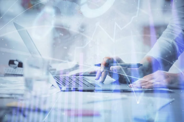 Double exposure of woman hands typing on computer and forex chart hologram drawing. Stock market invest concept. — Stock Photo, Image