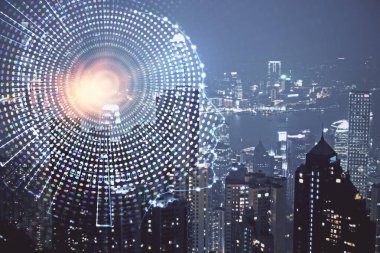 Şehrin arka planına beyin hologramı çizimi. Çifte maruz kalma. Beyin fırtınası konsepti.
