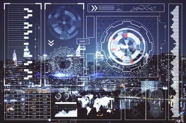 Veri temalı hologram gökdelenlerin arka planında çift pozlama ile şehir görünümüne çizim yapıyor. Ai kavramı.