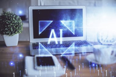 Arka planda bilgisayar ve teknik tema çizimi olan iki kat masaüstü görüntüsü. Büyük veri kavramı.