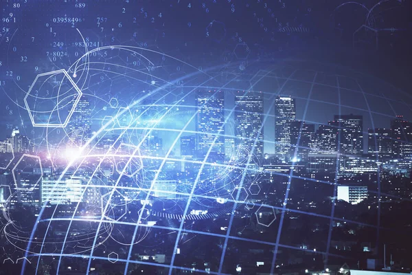 Kaart en data thema hologram op uitzicht op de stad met wolkenkrabbers achtergrond dubbele blootstelling. Internationale technologie in het bedrijfsconcept. — Stockfoto