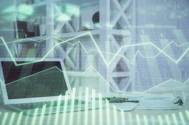 Bilgisayar geçmişi olan eski grafik hologramı. Çoklu maruz kalma. Finans piyasası kavramı.