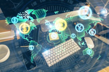 Forx grafiği ve bilgisayarla çalışma alanını iki katına çıkar. Uluslararası çevrimiçi ticaret kavramı.