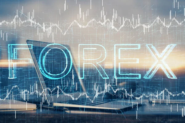 Doble exposición del gráfico de divisas y el espacio de trabajo con el ordenador. Concepto de comercio internacional en línea. —  Fotos de Stock