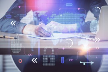 Çoklu pozlama küresel ağ tema simgelerine sahip bir adam.