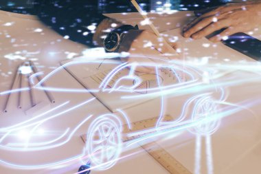 İnsan eli geçmişi ve otonom otomatik pilot araç konsepti. Çoklu pozlama.