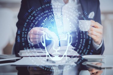 Erkek eli arka planına sahip beyin çoklu pozlama simgesi.