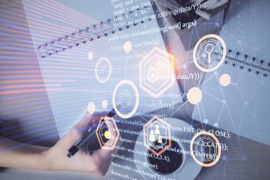 Arka plana veri teknolojisi hud 'u ile el yazısı yazan kadınların çoklu pozları. Yenilik kavramı.