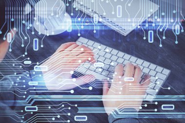 Bilgisayar arkaplanı üzerinde çalışan elleri olan iki kez teknolojik çizimlere maruz kalmış. Yenilik kavramı.