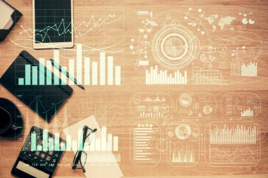 Ön x grafik çizimi ve çalışma masası üst veiw çift pozlama. Mali analiz kavramı.