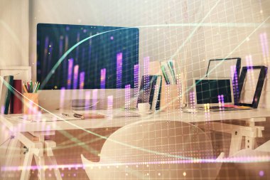Finansal grafik çizimine ve ofis içi arka planına çifte maruz kalma. Borsa konsepti.