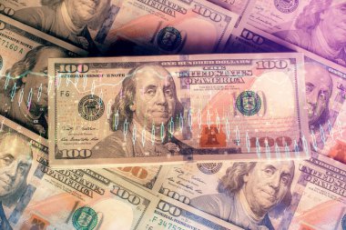 Forx grafiğinin çok sayıda görüntüsü bize dolar banknotları arka planında görünüyor. Finansal başarı piyasası kavramı.