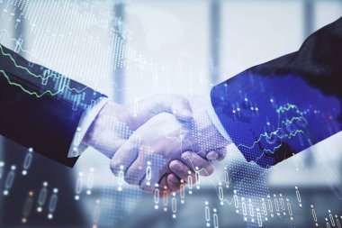 Forx grafik hologramı ve iki adamın el sıkışması. Borsa konsepti.
