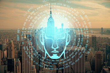 Şehrin arka planında çoklu maruz kalma üzerine beyin hologramı çizimi. Modern şehir konseptinde.