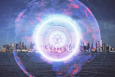Teknoloji temalı hologramın ve şehrin arka planının iki katına çıkarılması. Yüksek Teknoloji kavramı.