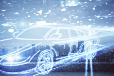 Ulaşım temalı hologram çizimi ve şehir manzaralı arka plan çifte pozlama. Otomatik pilotu kabul et.