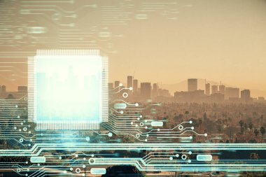 Veri temalı hologram gökdelenler arka planda çoklu pozlama ile şehir görünümüne çizim yapıyor. Büyük veri kavramı.