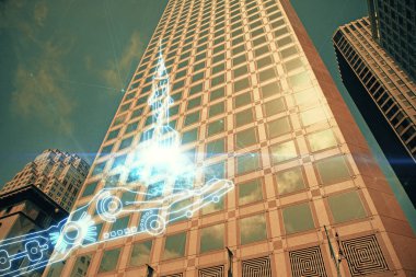 Şehir manzarası arkaplanı üzerinde başlangıç teması çizimlerinin çifte pozlandırılması. Başarı kavramı.