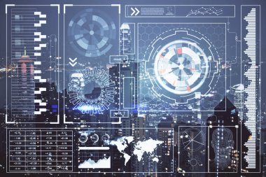 Veri temalı hologram gökdelenlerin arka planında çift pozlama ile şehir görünümüne çizim yapıyor. Ai kavramı.
