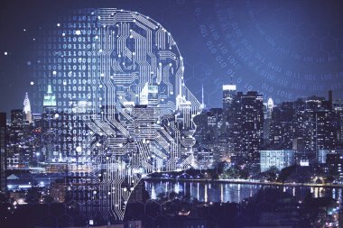 Şehrin arka planına beyin hologramı çizimi. Çifte maruz kalma. Beyin fırtınası konsepti.