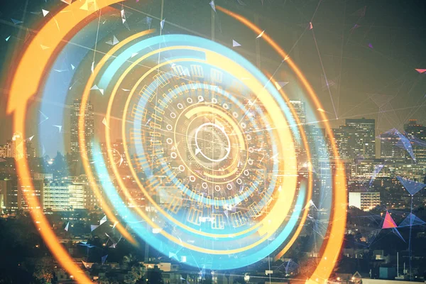 Teknoloji temalı hologramın ve şehrin arka planının iki katına çıkarılması. Yüksek Teknoloji kavramı.