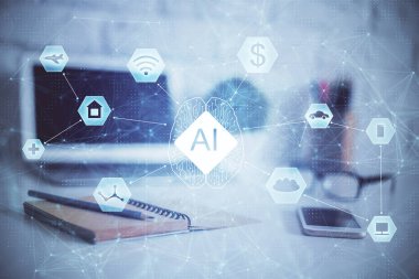 Masaüstü bilgisayarı ve teknoloji temalı holograma çift pozlama. Yazılım geliştirme kavramı.