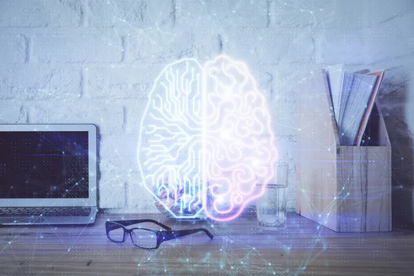 Διπλή έκθεση σε επιτραπέζιο υπολογιστή και ανθρώπινο εγκεφαλογράφημα. Έννοια Ai. — Φωτογραφία Αρχείου
