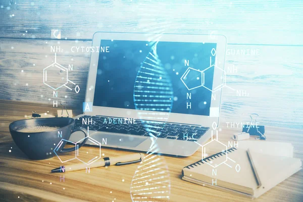 Desktop-Computer Hintergrund und DNA-Zeichnung. Doppelbelichtung. Wissenschaftskonzept. — Stockfoto