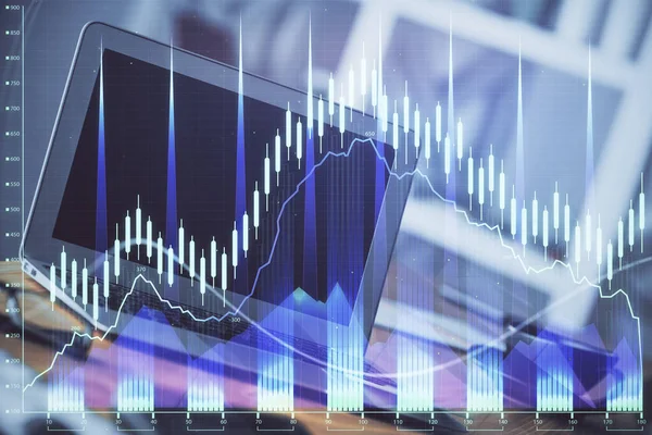 Aktiemarknad diagram och tabell med datorbakgrund. Multiexponering. Begreppet finansiell analys. — Stockfoto