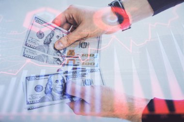 Finansal grafiğe çoklu pozlama hologram, Amerikan dolarları ve insan eli. Analiz kavramı.