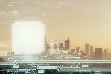 Veri temalı hologram gökdelenler arka planda çoklu pozlama ile şehir görünümüne çizim yapıyor. Büyük veri kavramı.