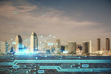 Veri temalı hologram gökdelenler arka planda çoklu pozlama ile şehir görünümüne çizim yapıyor. Büyük veri kavramı.