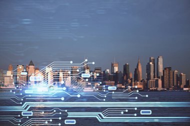 Veri temalı hologram gökdelenler arka planda çoklu pozlama ile şehir görünümüne çizim yapıyor. Büyük veri kavramı.