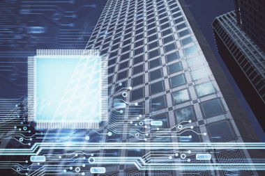 Veri temalı hologram gökdelenler arka planda çoklu pozlama ile şehir görünümüne çizim yapıyor. Büyük veri kavramı.