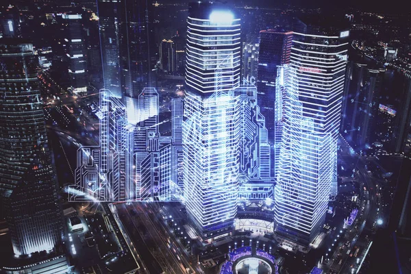 Double exposure of buildings hologram over cityscape background. Concept of smart city. — Stock Photo, Image