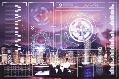 Veri temalı hologram gökdelenlerin arka planında çift pozlama ile şehir görünümüne çizim yapıyor. Ai kavramı.