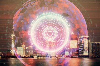 Teknoloji temalı hologramın ve şehrin arka planının iki katına çıkarılması. Yüksek Teknoloji kavramı.