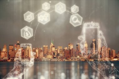 Teknoloji temalı hologramın ve şehrin arka planının iki katına çıkarılması. Yüksek Teknoloji kavramı.