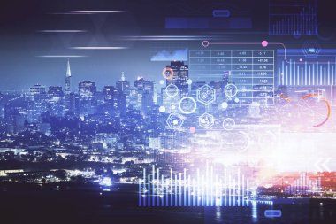 Veri temalı hologram gökdelenler arka planda çoklu pozlama ile şehir görünümüne çizim yapıyor. Ai kavramı.