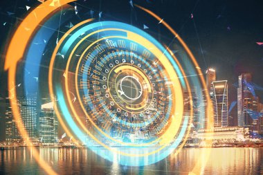 Teknoloji temalı hologramın ve şehrin arka planının iki katına çıkarılması. Yüksek Teknoloji kavramı.