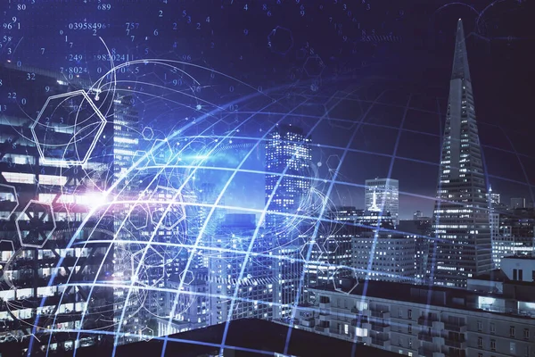 Şehir görünümünde harita ve veri temalı hologram ile gökdelenler arka planda çift pozlama. İş kavramında uluslararası teknoloji.